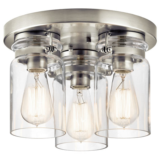 Kichler Brinley 11.75in 3-Light Flush Mount | Rustic Brushed Nickel and Clear Glass | Kitchen & Hallway | 11.75 x 8 in | Model 42891NI