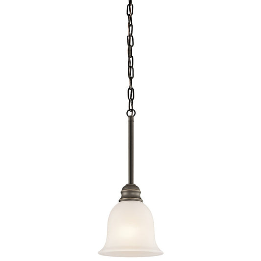 Kichler Tanglewood 6in 1-Light Mini Pendant | Transitional Olde Bronze and Satin Etched Glass | Kitchen Island & Dining Room | Model 42901OZ