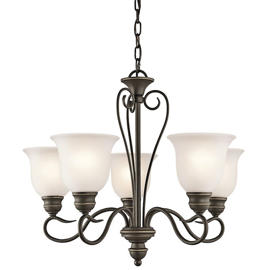 Kichler Tanglewood 24in 5-Light Chandelier | Transitional Olde Bronze and Satin Etched Glass | Dining Room & Foyer | 24 x 24 x 20 in | Model 42906OZ