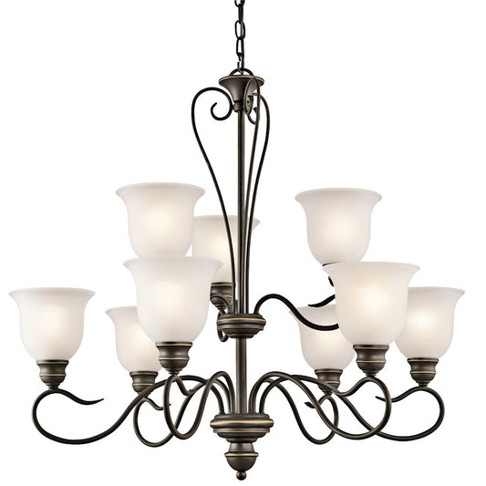 Kichler Tanglewood 32in 9-Light Chandelier | Olde Bronze and Satin Etched Glass | Dining Room & Living Room | 32 x 32 x 29.75 in | Model 42907OZ
