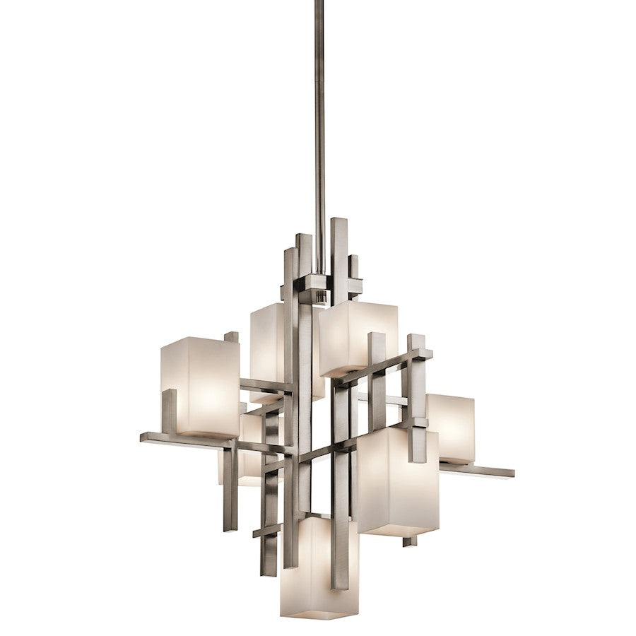 Kichler City Lights 26in 7-Light Chandelier | Contemporary Classic Pewter and Satin Etched Opal Glass | Dining Room & Open Living | Model 42940CLP