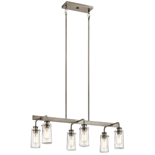 Kichler Braelyn 34in 6-Light Linear Chandelier | Rustic Classic Pewter and Clear Seeded Glass | Dining Room & Kitchen Island | Model 43059CLP
