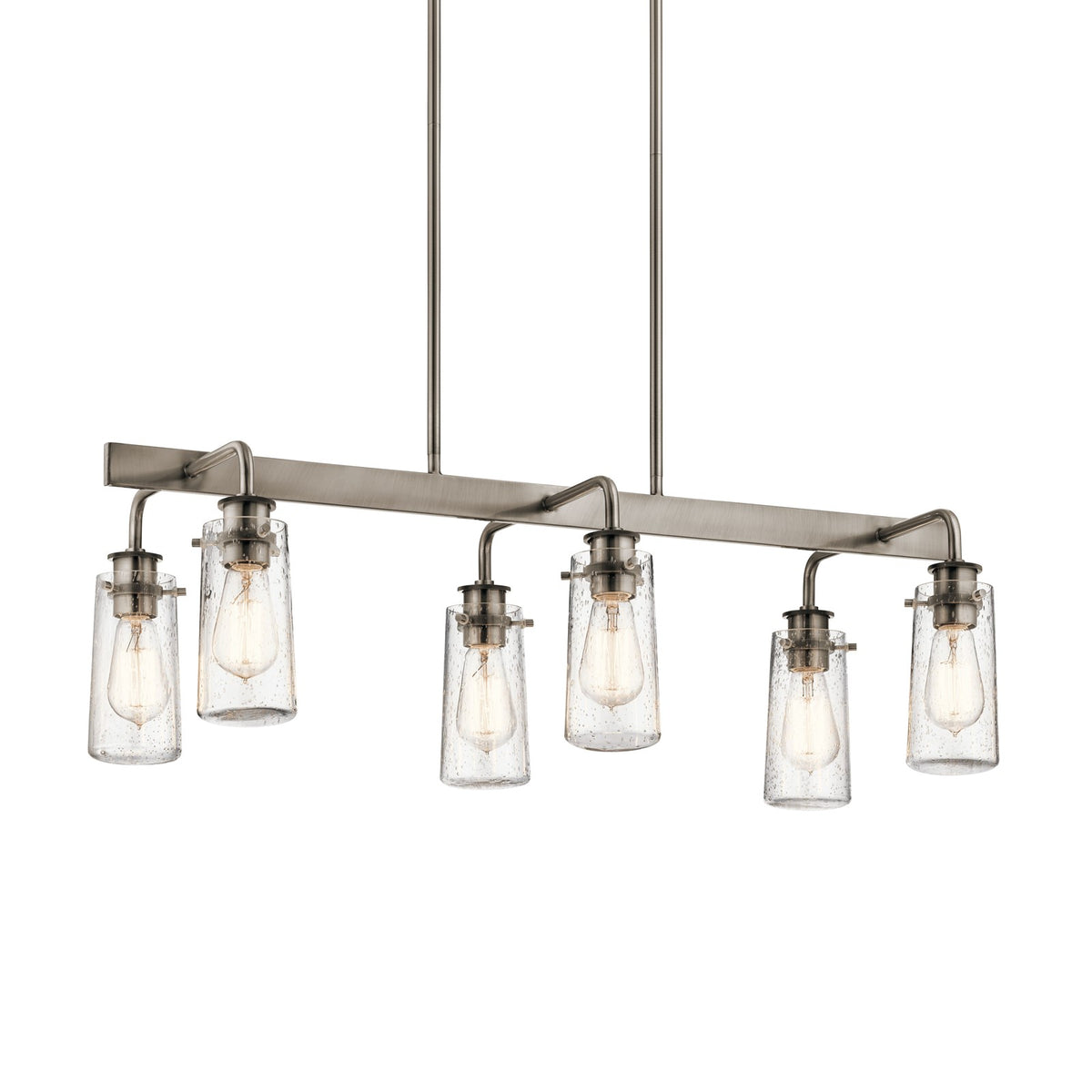 Kichler Braelyn 34in 6-Light Linear Chandelier | Rustic Classic Pewter and Clear Seeded Glass | Dining Room & Kitchen Island | Model 43059CLP