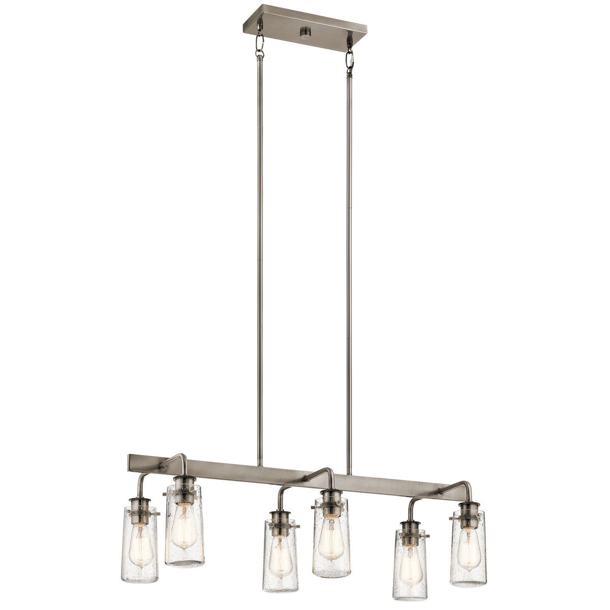 Kichler Braelyn 34in 6-Light Linear Chandelier | Rustic Classic Pewter and Clear Seeded Glass | Dining Room & Kitchen Island | Model 43059CLP