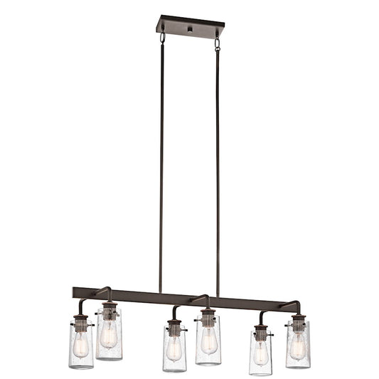 Kichler Braelyn 34in 6-Light Linear Chandelier | Industrial Olde Bronze and Clear Seeded Glass | Kitchen Island & Dining Room | Model 43059OZ