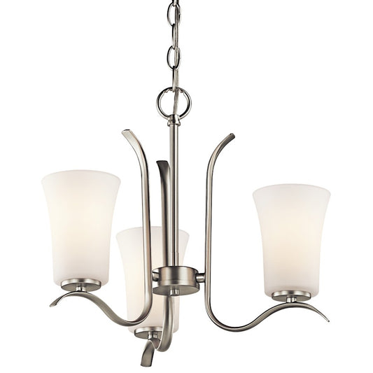 Kichler Armida 18in 3-Light Mini Chandelier | Transitional Brushed Nickel and Satin Etched White Glass | Dining Room & Kitchen Island | Model 43073NI