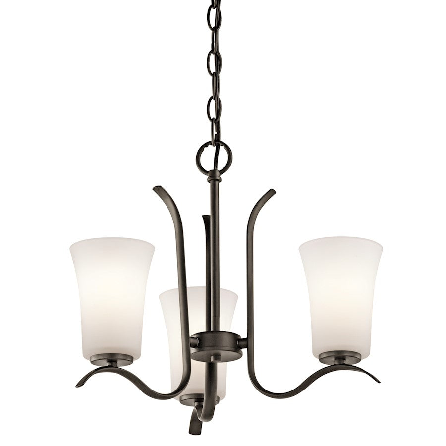 Kichler Armida 18in 3-Light Mini Chandelier | Transitional Olde Bronze and Satin Etched White Glass | Dining Room & Kitchen Island | Model 43073OZ