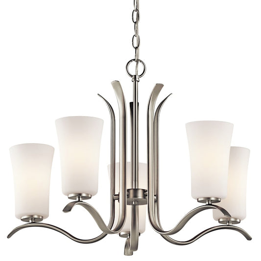 Kichler Armida 25in 5-Light Chandelier | Transitional Brushed Nickel and Satin Etched White Glass | Dining Room & Living Room | Model 43074NI