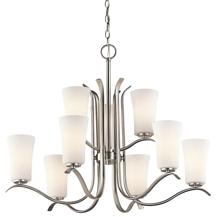 Kichler Armida 32in 9-Light Chandelier | Brushed Nickel and Satin Etched White Glass | Dining Room & Living Room | 32 x 26 in | Model 43075NI