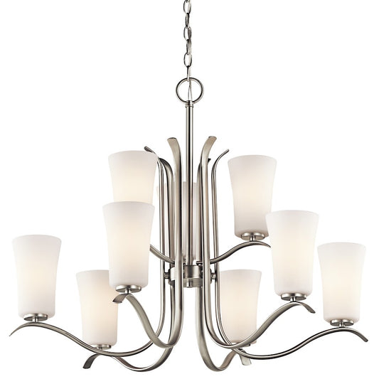 Kichler Armida 32in 9-Light Chandelier | Brushed Nickel and Satin Etched White Glass | Dining Room & Living Room | 32 x 26 in | Model 43075NI