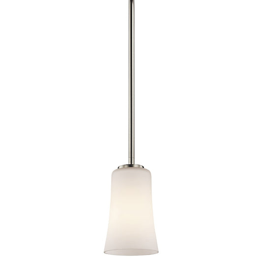 Kichler Armida 5in 1-Light Mini Pendant | Contemporary Brushed Nickel and Satin Etched White Glass | Kitchen Island & Hallway | Model 43077NI