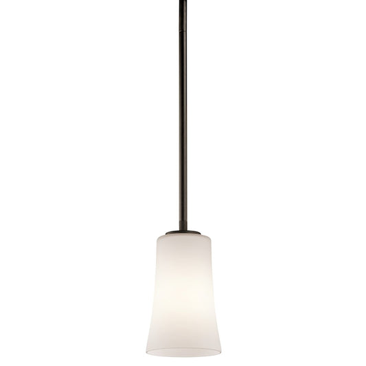 Kichler Armida 8in 1-Light Mini Pendant | Industrial Olde Bronze and Satin Etched White Glass | Kitchen Island & Dining Room | Model 43077OZ