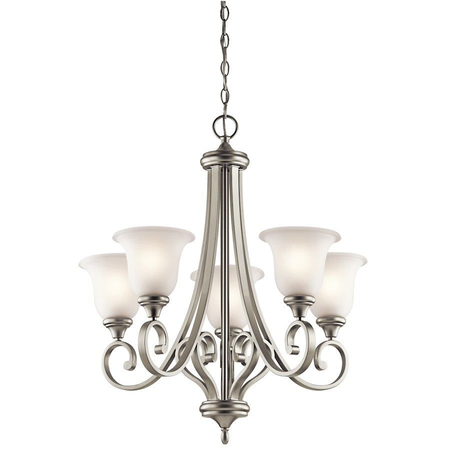 Kichler Monroe 28in 5-Light Chandelier | Traditional Brushed Nickel and Satin Etched Glass | Dining Room & Living Room | Model 43156NI
