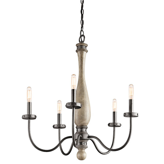 Kichler Evan 24in 5-Light Chandelier | Distressed Antique Gray Wood and Anvil Iron | Dining Room & Kitchen | 24 x 27 in | Model 43322DAG