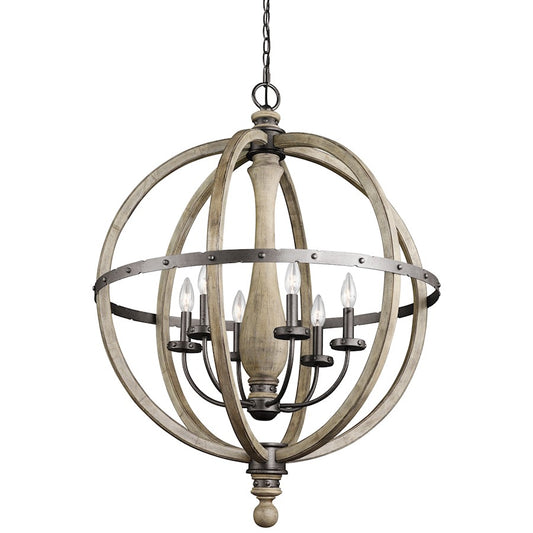 Kichler Evan 6-Light Chandelier | Rustic Distressed Antique Gray Wood and Anvil Iron | Dining Room & Great Room | 28.5 x 37.25 in | Model 43327DAG