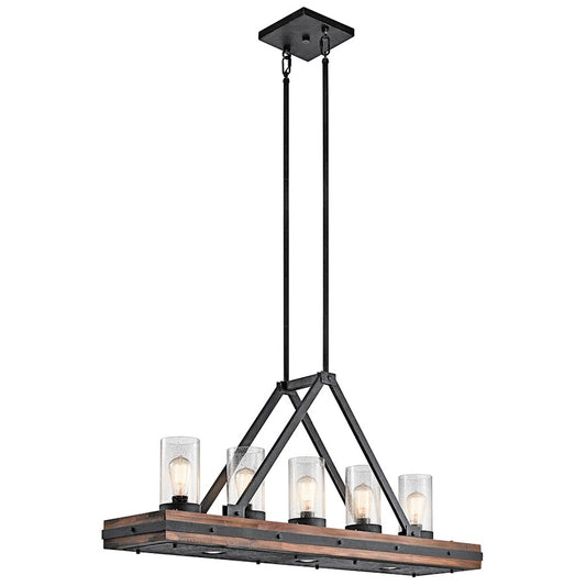 Kichler Colerne 46in 5-Light Linear Chandelier | Rustic Auburn Stained Wood and Clear Seeded Glass | Dining Room & Loft | Model 43491AUB