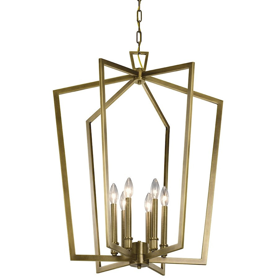 6 Light Large Foyer Pendant, Natural Brass