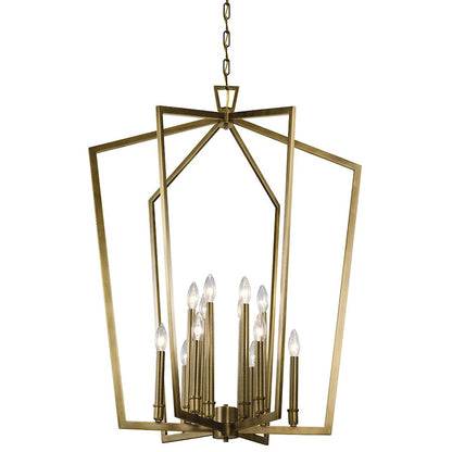 12 Light Foyer Chandelier, Natural Brass