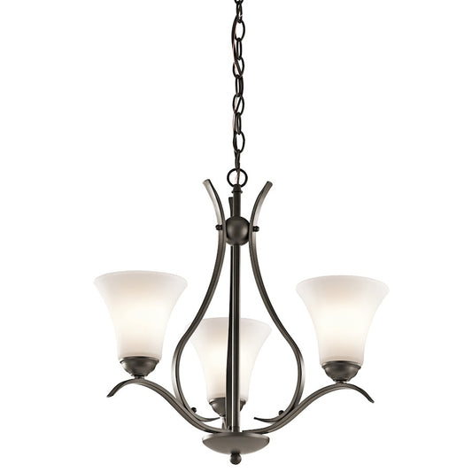 Kichler Keiran 20in 3-Light Chandelier | Transitional Olde Bronze and Satin Etched White Glass | Dining Room & Living Room | Model 43503OZ