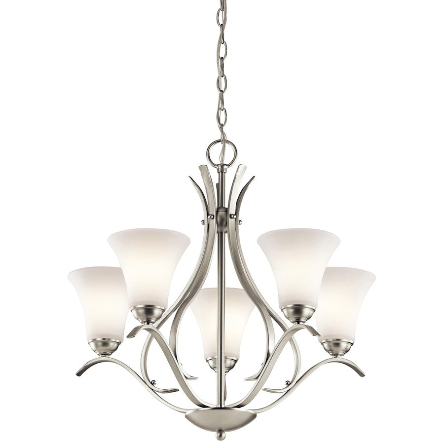 Kichler Keiran 24in 5-Light Chandelier | Transitional Brushed Nickel and Satin Etched White Glass | Dining Room & Living Room | Model 43504NI