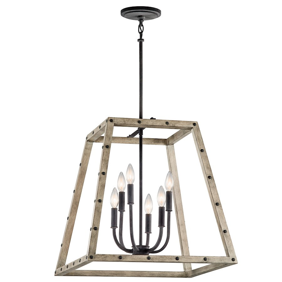 Kichler Basford 21in 6-Light Pendant | Rustic Distressed Antique Gray Wood and Weathered Zinc | Dining Room & Great Room | Model 43520DAG