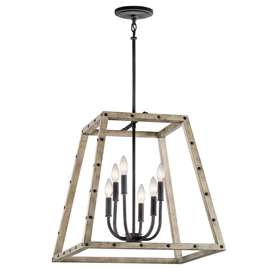 Kichler Basford 21in 6-Light Pendant | Rustic Distressed Antique Gray Wood and Weathered Zinc | Dining Room & Great Room | Model 43520DAG