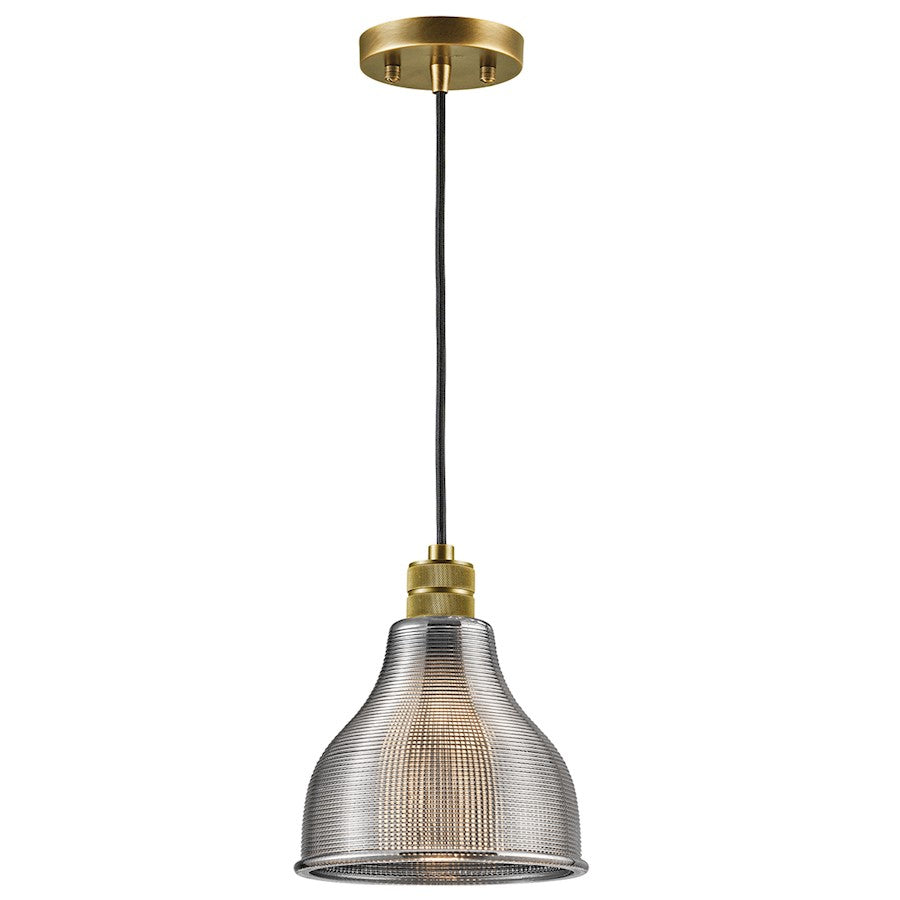 Kichler Devin 8in 1-Light Mini Pendant | Vintage Industrial Natural Brass and Smoke Ribbed Glass | Kitchen Island & Dining Room | Model 43551NBR