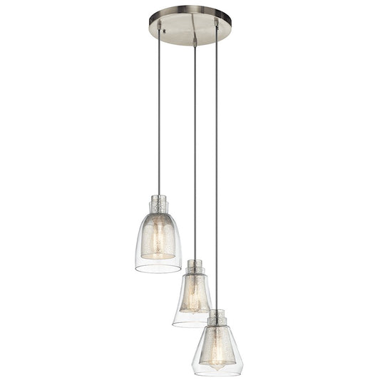 Kichler Evie 14in 3-Light Pendant | Transitional Brushed Nickel and Clear Mercury Glass | Kitchen Island & Dining Room | Model 43627NI