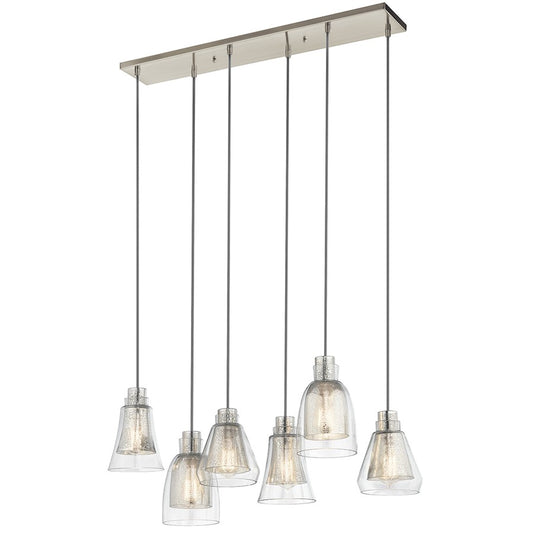Kichler Evie 34in 6-Light Linear Chandelier | Transitional Brushed Nickel and Clear Outer Mercury Glass | Kitchen Island | Model 43628NI