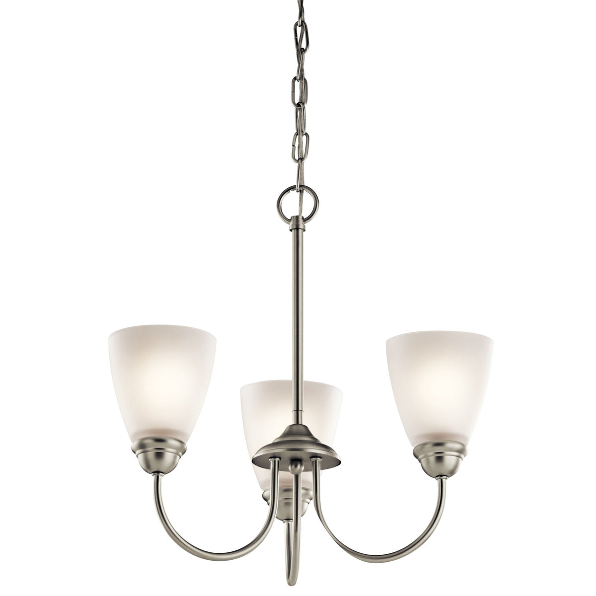 Kichler Jolie 18in 3-Light Mini Chandelier | Transitional Brushed Nickel Steel and Satin Etched Glass | Dining Room & Living Room | Model 43637NI