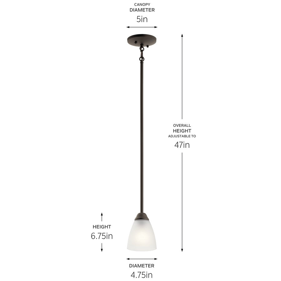 Kichler Jolie 1-Light Mini Pendant | Transitional Olde Bronze and Satin Etched Glass | Kitchen Island & Dining Room | 4.75 x 12.5 in | Model 43640OZ