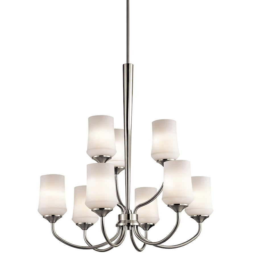 Kichler Aubrey 29in 9-Light Chandelier | Transitional Brushed Nickel and Satin Etched Cased Opal Glass | Dining Room & Living Room | Model 43666NI