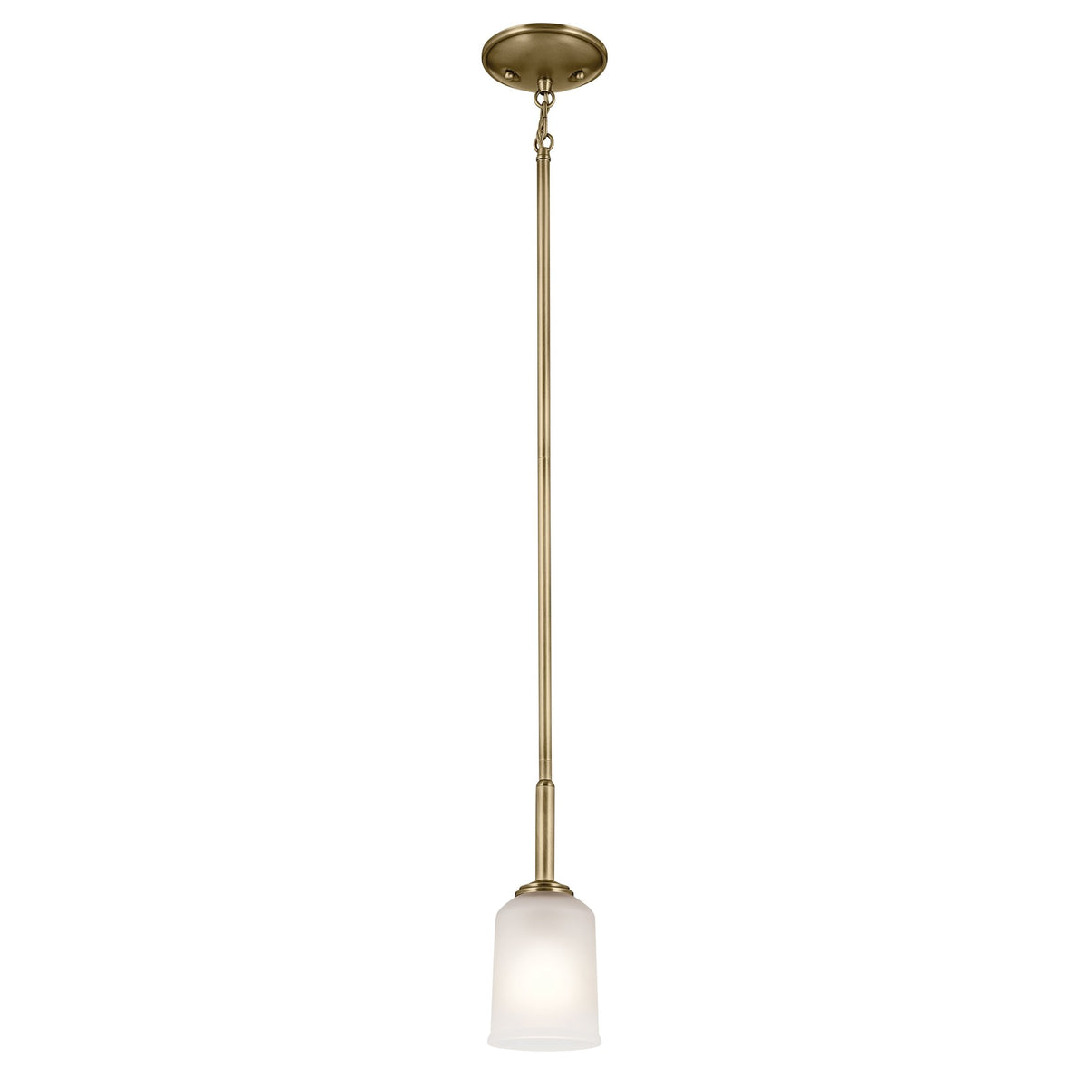 Kichler Shailene 11in 1-Light Mini Pendant | Traditional Natural Brass and Clear Satin Etched Glass | Kitchen Island & Dining Room | Model 43674NBR