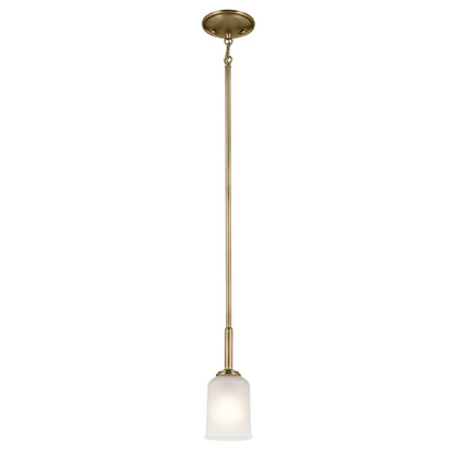 Kichler Shailene 11in 1-Light Mini Pendant | Traditional Natural Brass and Clear Satin Etched Glass | Kitchen Island & Dining Room | Model 43674NBR