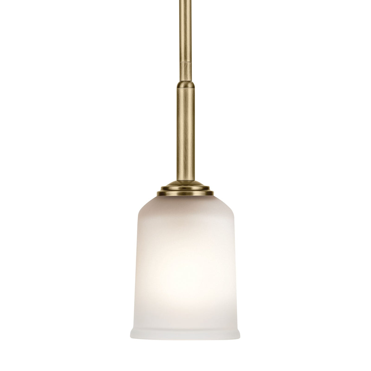 Kichler Shailene 11in 1-Light Mini Pendant | Traditional Natural Brass and Clear Satin Etched Glass | Kitchen Island & Dining Room | Model 43674NBR