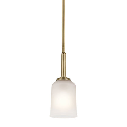Kichler Shailene 11in 1-Light Mini Pendant | Traditional Natural Brass and Clear Satin Etched Glass | Kitchen Island & Dining Room | Model 43674NBR