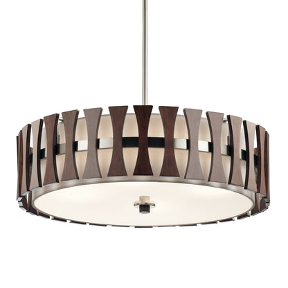 Kichler Cirus 24in 4-Light Pendant/Semi-Flush | Mid-Century Auburn Stained Wood and White Linen | Kitchen Island & Dining Room | Model 43753AUB