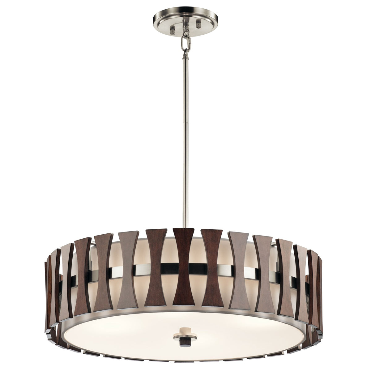 Kichler Cirus 24in 4-Light Pendant/Semi-Flush | Mid-Century Auburn Stained Wood and White Linen | Kitchen Island & Dining Room | Model 43753AUB