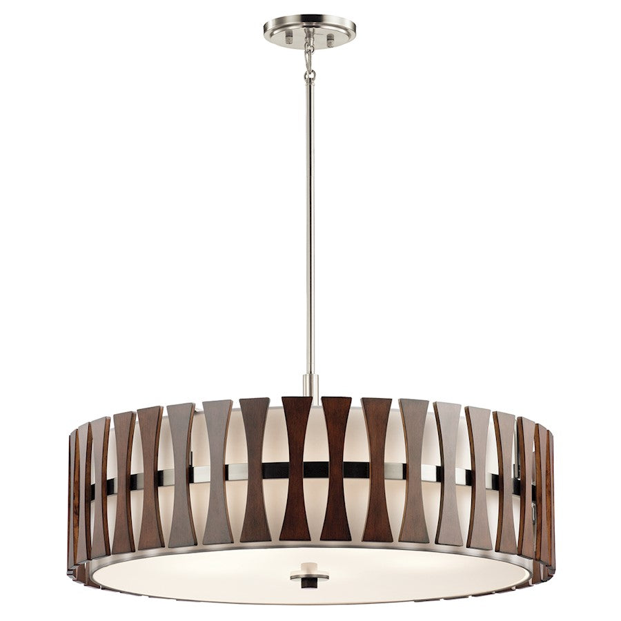Kichler Cirus 30in 5-Light Convertible Pendant/Semi-Flush | Mid-Century Modern Auburn Stained Wood and White Linen | Kitchen Island | Model 43754AUB