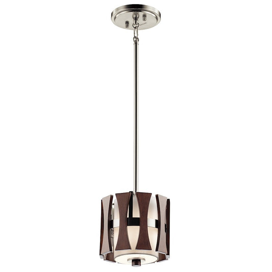 Kichler Cirus 8in 1-Light Mini Pendant | Industrial Auburn Stained Wood and White Linen Shade | Kitchen Island | 8 x 8.5 x 47 in | Model 43755AUB