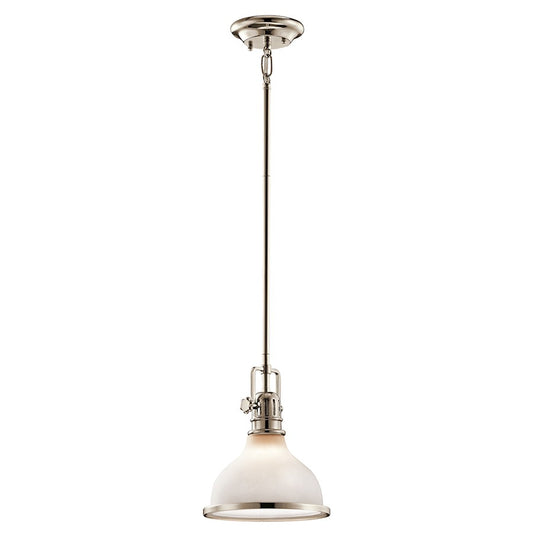 Kichler Hatteras Bay 8in 1-Light Mini Pendant | Transitional Polished Nickel and Etched White Glass | Kitchen Island & Dining Room | Model 43764PN