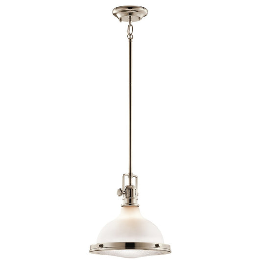 Kichler Hatteras Bay 12in 1-Light Pendant | Transitional Polished Nickel and White Etched Glass | Kitchen Island & Dining Room | Model 43765PN