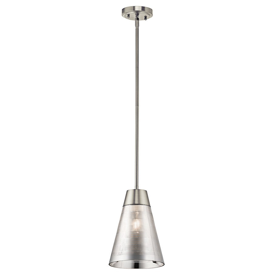 Kichler Rowland 8in 1-Light Mini Pendant | Contemporary Brushed Nickel Steel and Striated Mirrored Glass | Kitchen Island & Dining | Model 43792NI