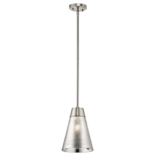 Kichler Rowland 8in 1-Light Mini Pendant | Contemporary Brushed Nickel Steel and Striated Mirrored Glass | Kitchen Island & Dining | Model 43792NI