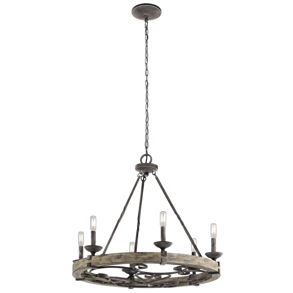 Kichler Taulbee 28in 6-Light Chandelier | Lodge Weathered Zinc and Weathered Grey Wood | Dining Room & Living Room | 28 x 26 in | Model 43823WZC