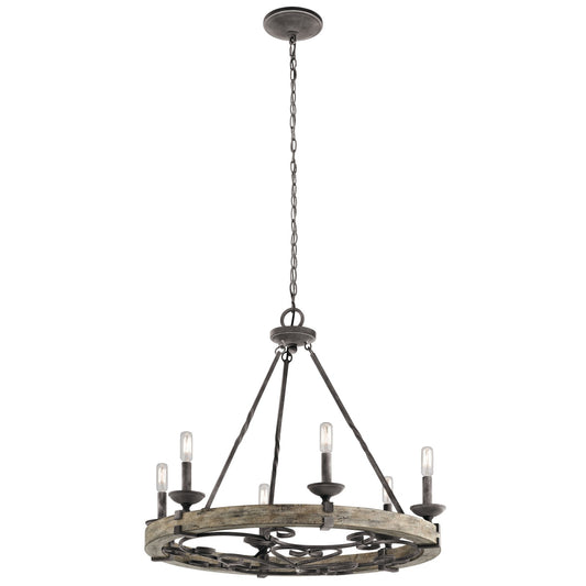 Kichler Taulbee 28in 6-Light Chandelier | Lodge Weathered Zinc and Weathered Grey Wood | Dining Room & Living Room | 28 x 26 in | Model 43823WZC