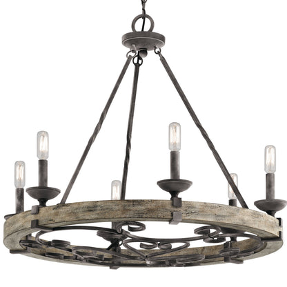 Kichler Taulbee 28in 6-Light Chandelier | Lodge Weathered Zinc and Weathered Grey Wood | Dining Room & Living Room | 28 x 26 in | Model 43823WZC