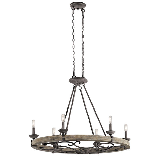 Kichler Taulbee 36in 6-Light Oval Pendant | Rustic Weathered Zinc and Weathered Grey Wood | Dining Room & Kitchen Island | Model 43824WZC