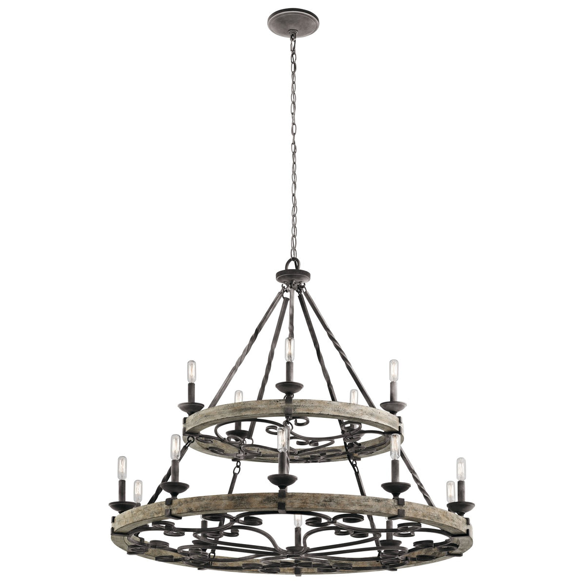 Kichler Taulbee 44in 15-Light Chandelier | Lodge Weathered Zinc and Grey Wood Veneer | Dining Room & Great Room | 44 x 39 in | Model 43826WZC