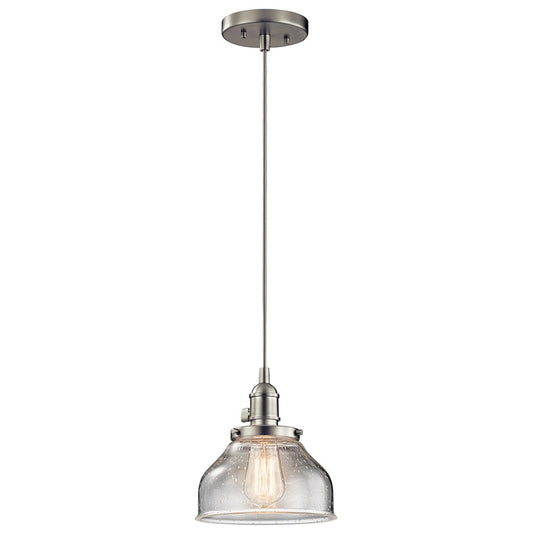 Kichler Avery 8in 1-Light Mini Pendant | Transitional Brushed Nickel and Clear Seeded Glass | Kitchen Island & Dining Room | Model 43850NI